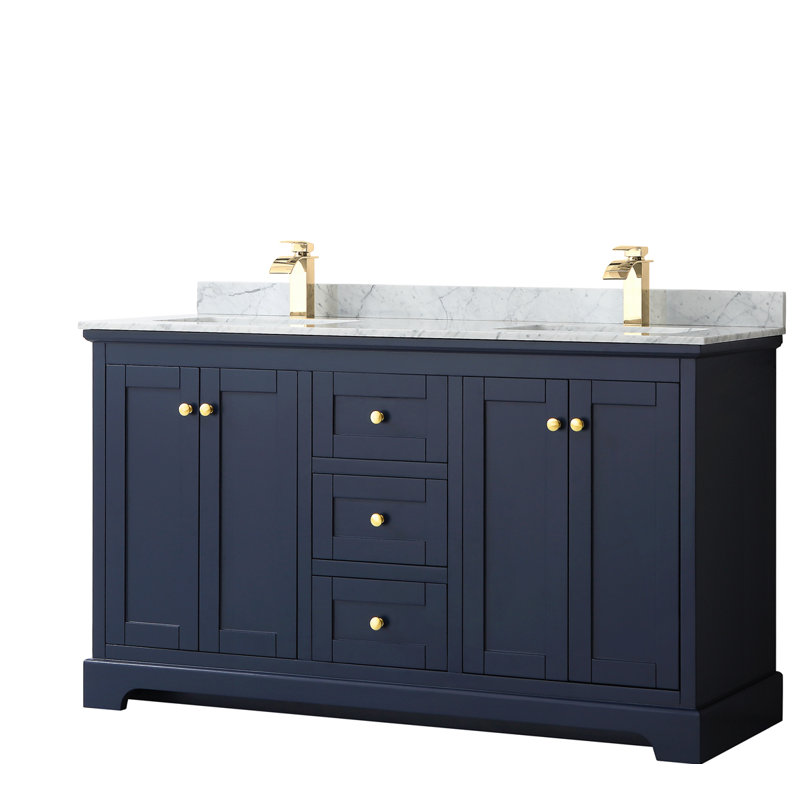 Ensemble de meuble-lavabo double 60 po Avery, Bleu très foncé, Or brossé