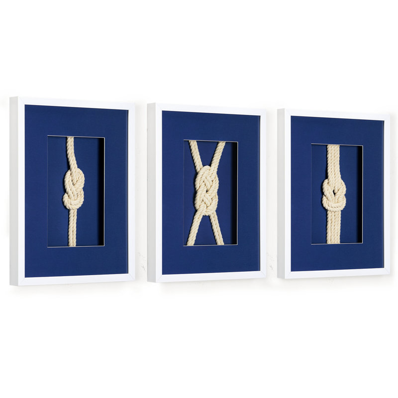  Nautical Rope Knot 3 Piece Framed Coastal Wall Art Decor Set - Navy Blue