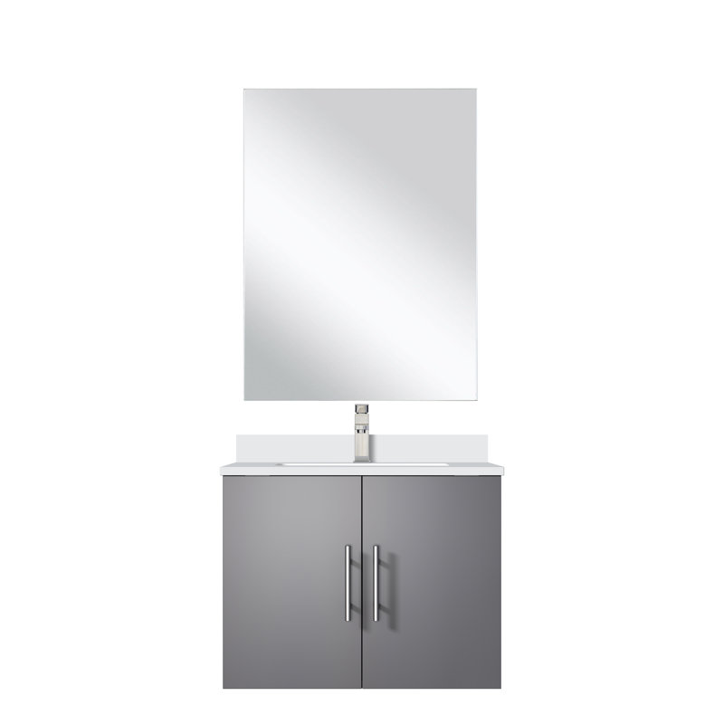 Ensemble de meuble-lavabo simple 24 po avec plateau et miroir Geneva, Gris foncé, Quartz blanc