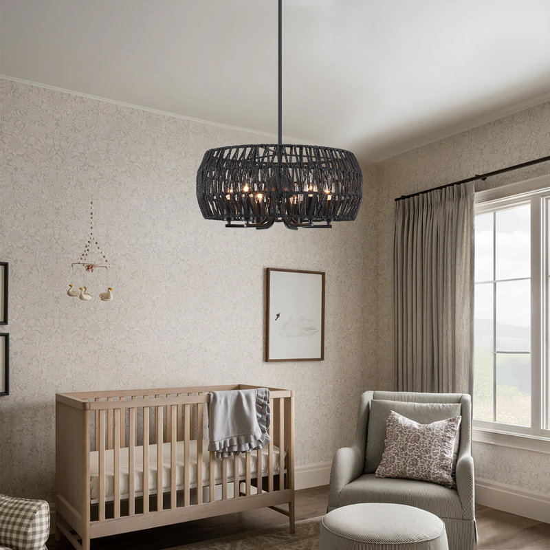 Lustre tambour en rotin 6 lumières Anela, Noir mat