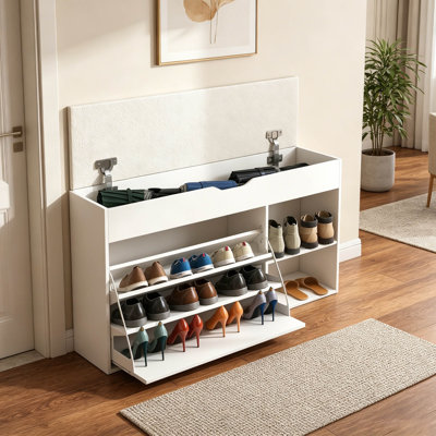 Entryway Bench With Shoe Storage,Adjustable 3Tier Flipup Drawers & Hidden Cabinet,Spacesaving Shoe Organizer,Triple Storage And Modern Design,For  Hallway And Living Room,White