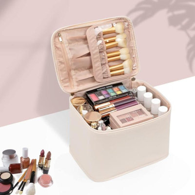 Trousse à maquillage, trousse à maquillage portable, trousse à maquillage de voyage de grande capacité, trousse à maquillage pour femme, trousse de toilette pour fille qui voyage avec poignée et cloison - beige