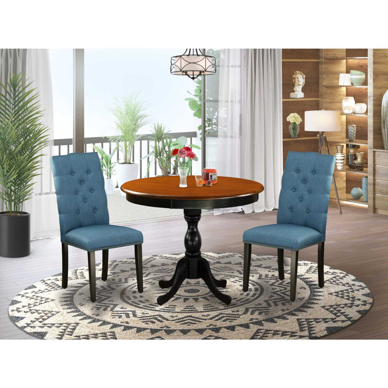 L'ensemble de salle à manger 3 pièces comprend 1 table de salle à manger moderne et 2 chaises de salle à manger en tissu de lin en daim capitonnée avec des têtes de clous - finition noire brossée