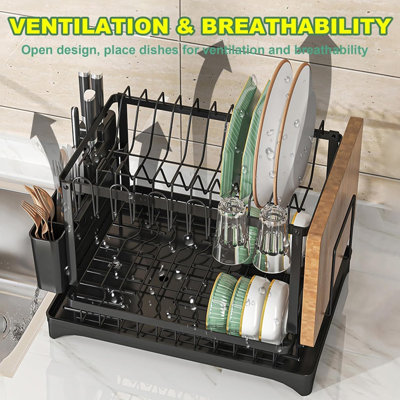 2-Tier Dish Racks For Kitchen Counter, Multifunctional Dish Drying Rack, Large Capacity Metal Kitchen Dishes Drying Rack Plate Organizer For Bowls/Cups/Bottles White