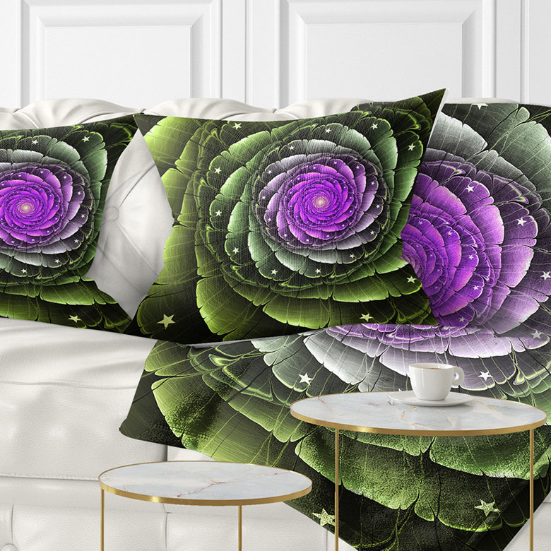 Art numérique fleur fractale - coussin imprimé floral, 16 po x 1 po, Vert, Coussin décoratif