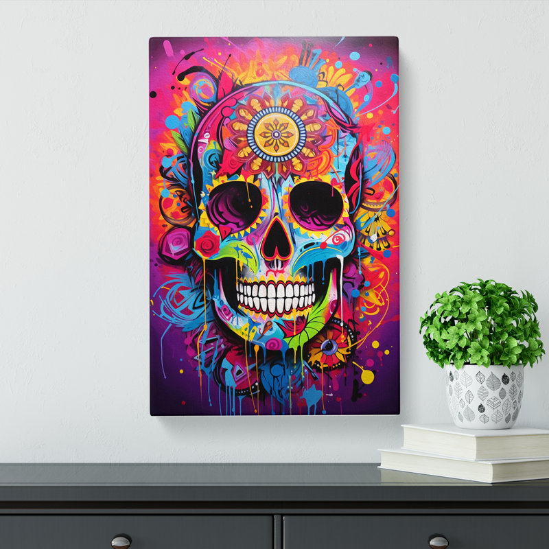 Sugar Skull Action Painting Art No.2 - Wrapped Canvas, 50cm H x 35cm W x 3cm D
