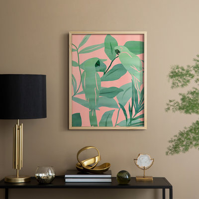 «Pink and Green Birds of Paradise II», reproduction encadrée - bois massif