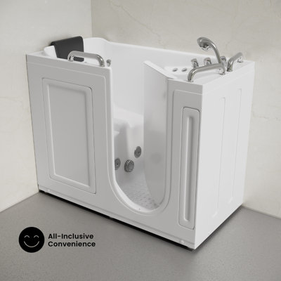 Baignoire à porte Auvergne 53 po x 27 po, conforme aux normes ADA, avec vidange à droite, jets de massage, blanc brillant, robinetterie, bonde, barres d'appui et oreiller inclus.