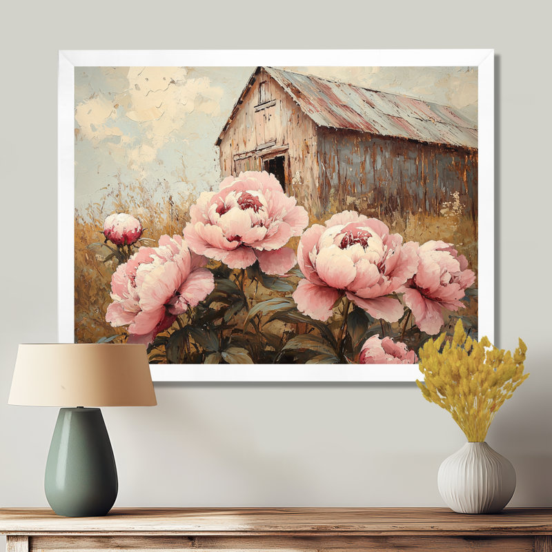 Pivoines Dorline par The Farm Fence II - pivoines, art mural, H 16 po x l 32 po, Reproduction encadrée d'une seule photo