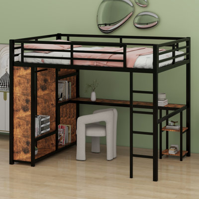 Metal Loft Bed Frame With Built-In Wardrobe, Desk And Storage Shelves