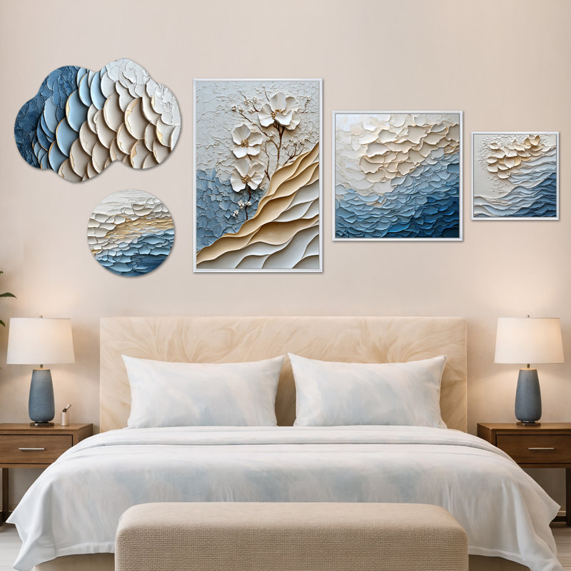 Ensemble de 5 pièces d'art mural, toile et métal surdimensionné blanc et bleu Coastal Mosaic II (100 po x 40 po)