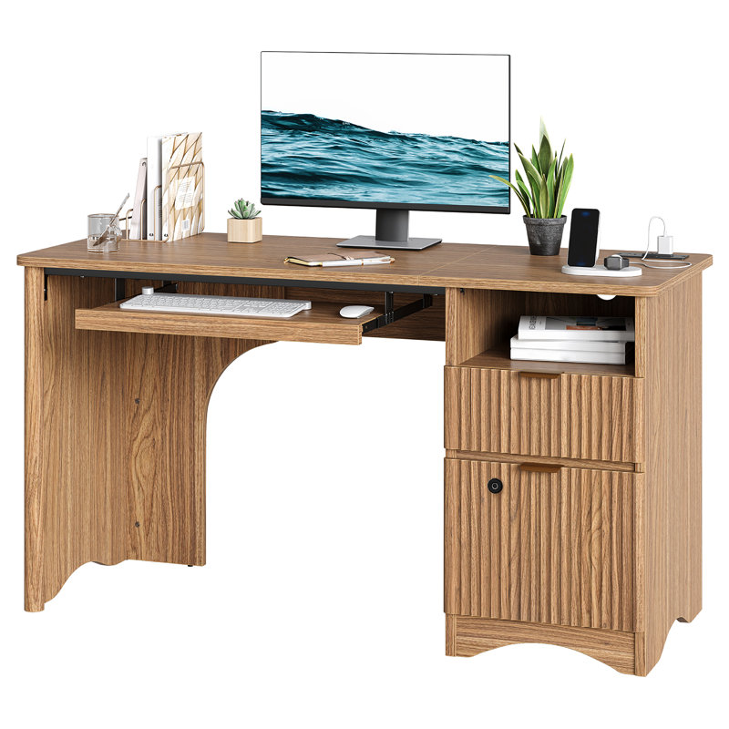 Bureau de direction cannelé de 55 pouces avec verrou d'empreinte digitale, bureaux d'écriture d'ordinateur modernes avec prise de courant, bureau à domicile avec plateau pour clavier et compartiment de rangement ouvert