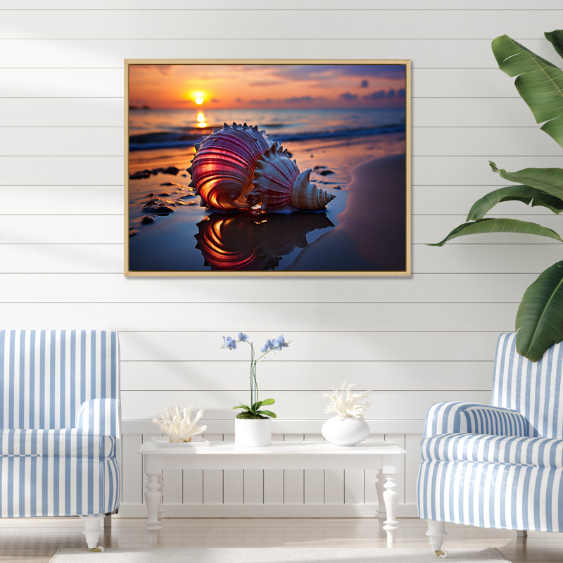Coucher de soleil sur le rivage, Trésors V - art mural plage, Cadre flottant brun, H 24 po x l 32 po x P 1 po