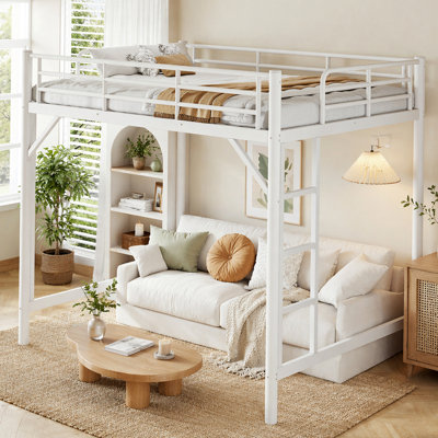 Full Size Metal Loft Bed, Loft Bed with Easy Climbing Ladder and Guardrails , White