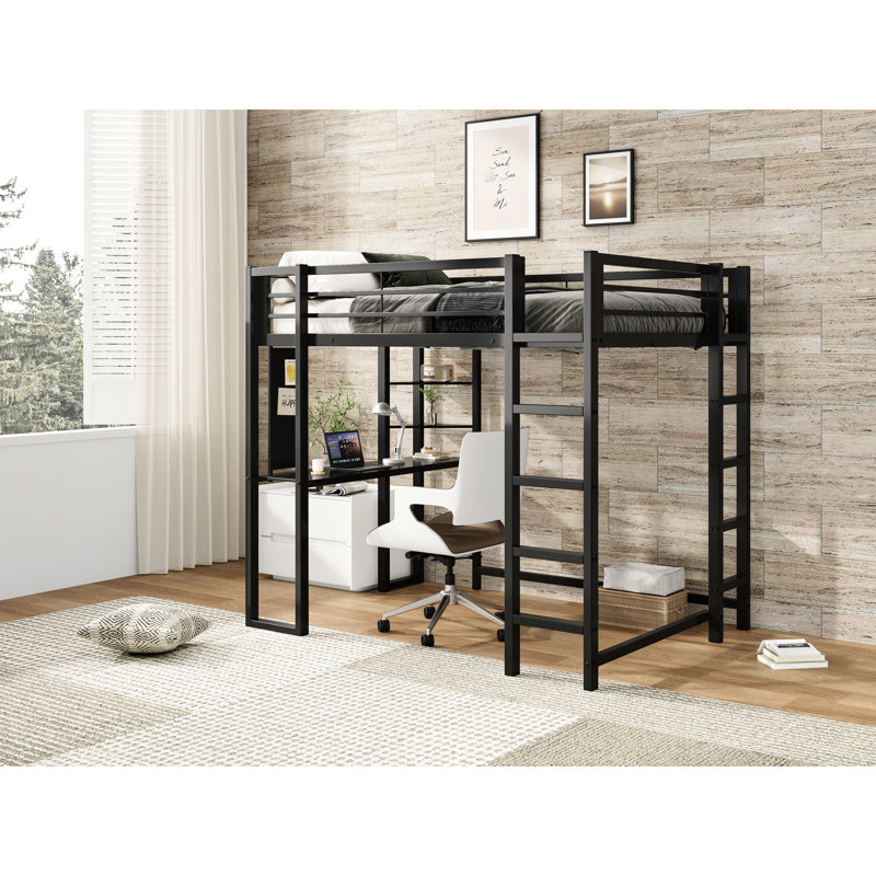 Lit mezzanine double en métal avec bureau et rangement pour les adolescents - noir, 78,07 po de profondeur, 57,58 largeur, 70,85 hauteur, 115,1 lb, conception stable, intégré, garde-corps, lattes, tablettes triangulaires, fiable