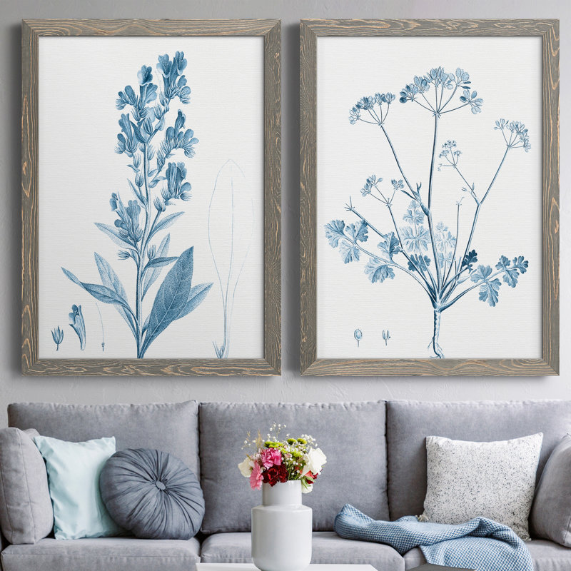 "Antique Botanical In Blue III", ensemble de 2 peintures sur toile encadrées, H 37,5 po x l 55 po x P 1,5 po