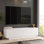Meuble télé 55,1 po x 15,0 po x 15,0 po Modern White 100% panneau de particules enduit de mélamine, épaisseur: 0,7 pouce | Conception élégante pour les espaces de salon et de divertissement, solution de rangement durable et élégante, parfaite pour la décoration moderne