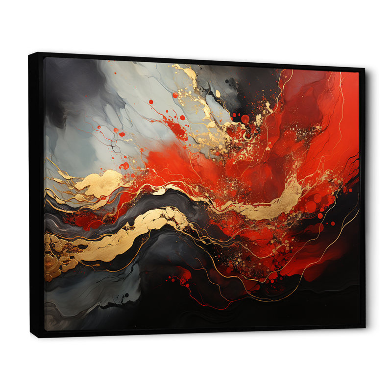 Rouge et feu de marbre doré I - art abstrait sur toile, Cadre flottant noir, H 34 po x l 44 po x P 1,5 po