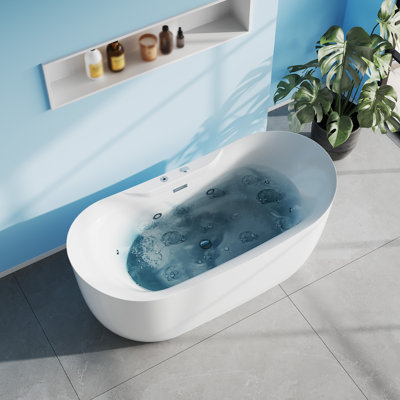 71" Acrylic Freestanding Bathtub with Air Bubble Jets, White Stand Alone Soaking Tub with Manual Control, Deep water massage Massage Spa Tub, Modern Contemporary Free Standing Bath for main Bathroom