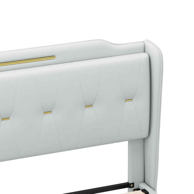 Grand lit tapissier en polyuréthane avec tête de lit à oreilles et sans sommier, capacité de 800 lb, structure sous le lit de 4 pouces en cuir gris, tête de lit, lattes solides, capacité