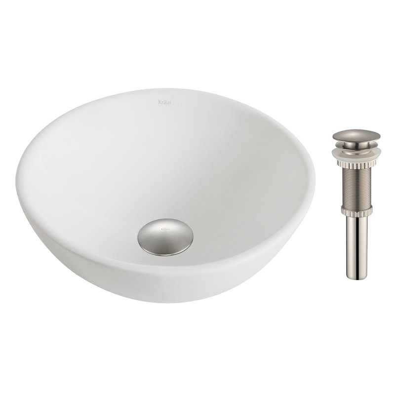 Elavo White Ceramic Round Vessel Sink with Brushed Nickel Drain