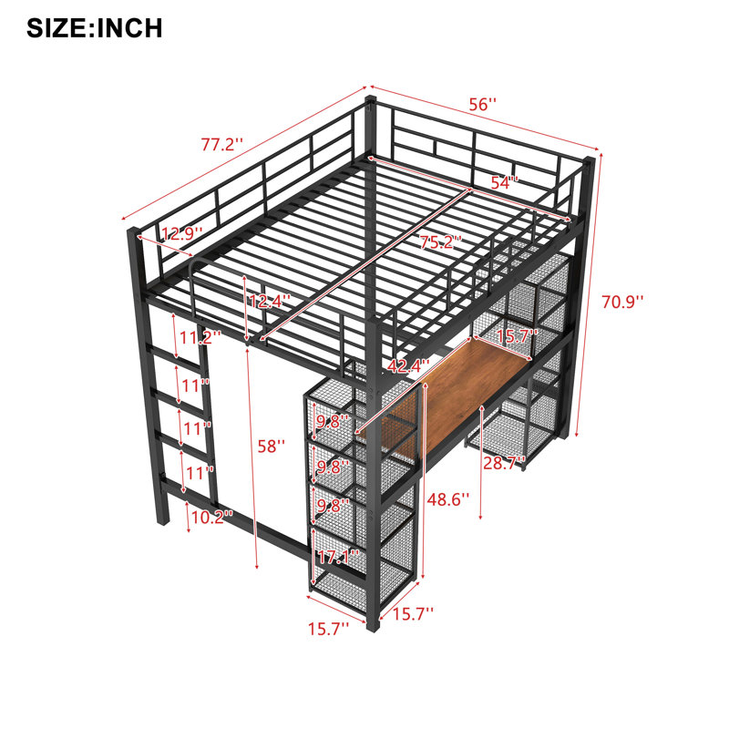 Lit mezzanine double en métal avec bureau intégré et tablettes, Noir / brun