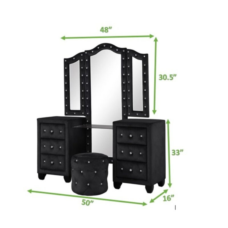 Ensemble de meuble-lavabo capitonné en cristal de style moderne avec 6 tiroirs et tabouret, fini en velours de bois, Noir