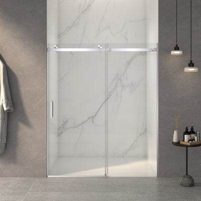 Porte de douche sans cadre, porte de douche coulissante de 56 à 60 po x H 70 po avec cabine de douche en verre trempé épais de 5/16 po (8 mm) de qualité supérieure
