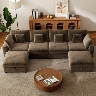 Aarden Pure Cloud 140''  Modular Cloud Sectional Sofa 4-Seat with 2 Storage Ottomans