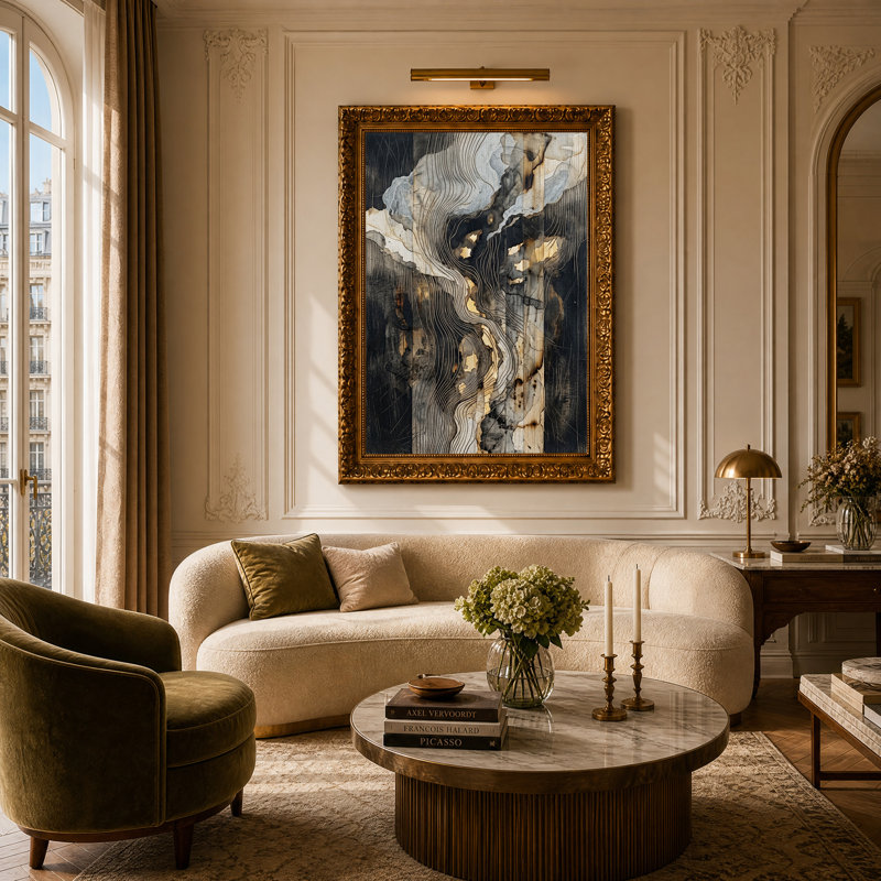 Tableau abstrait sur toile à la feuille d'or représentant une topographie de bois brûlé, H 24 po x l 16 po