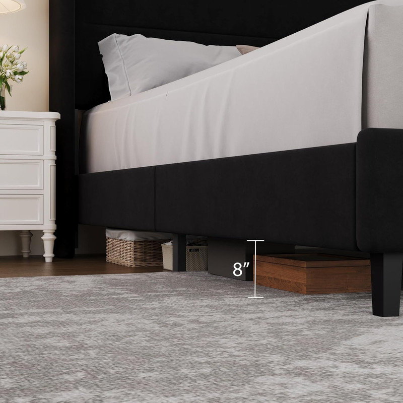 Structure de lit tapissier en velours avec tête de lit à oreilles et lattes de bois, rangement sous le lit de 8 po, aucun sommier nécessaire pour la chambre à coucher