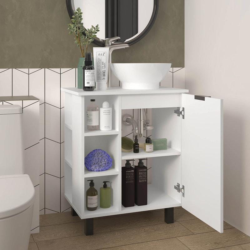 Meuble-lavabo blanc, une porte et 8 tablettes, look épuré, supporté par une porte à pieds stables, huit unités, esthétique, quatre solides