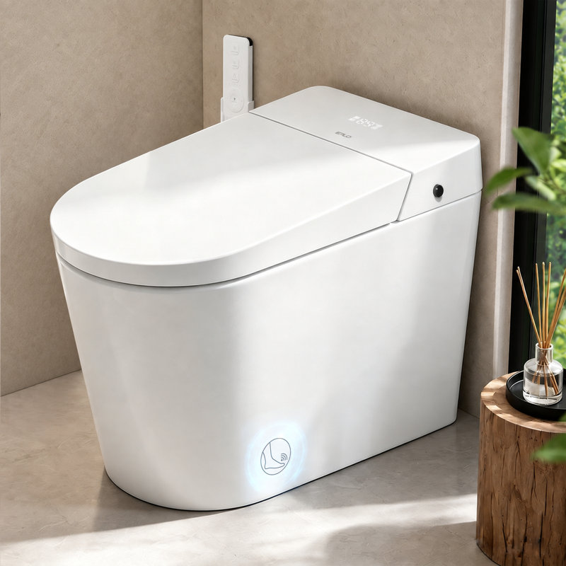 Toilettes monobloc allongées intelligentes avec couvercle à ouverture/fermeture automatique, chasse d'eau intérieure silencieuse, protection en mousse et hauteur confort conforme aux normes ADA