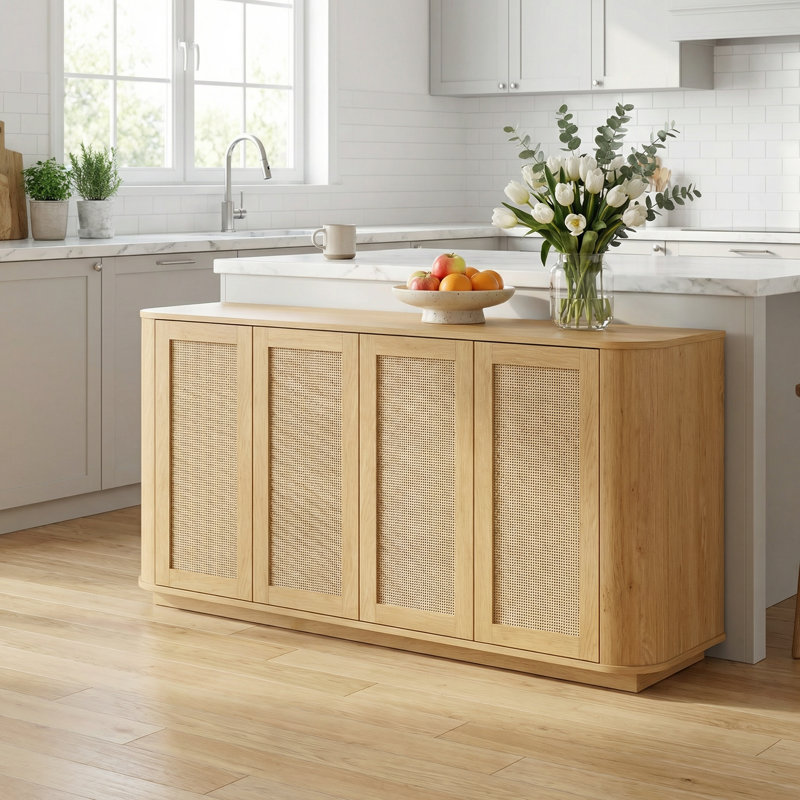 Buffet Wave avec portes en rotin pour le rangement dans la cuisine, la chambre à coucher ou le vestibule