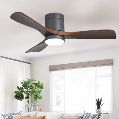 42" Solid Wood Ceiling Fan 3-Blades Ceiling Fans With Lights And Remote Modern Flush Mount Ceiling Fans Caged Low Profile Ceiling Fan For Bedroom Kitchen Living Room