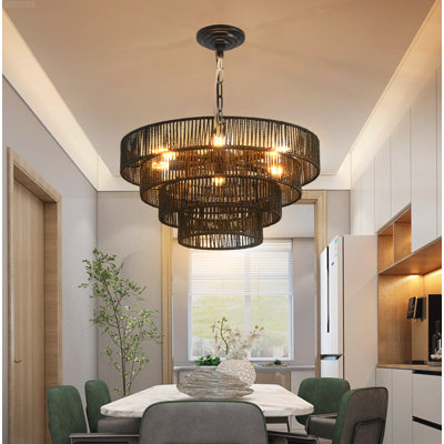 20-Inch Hand-Woven Tiered Hemp Rope Rustic Boho Pendant Light Chandelier Black