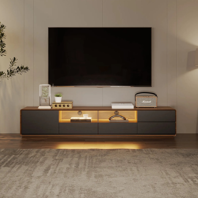 Meuble télé moderne en bois avec lumières DEL, console multimédia avec 4 tiroirs, entièrement assemblé, Noir