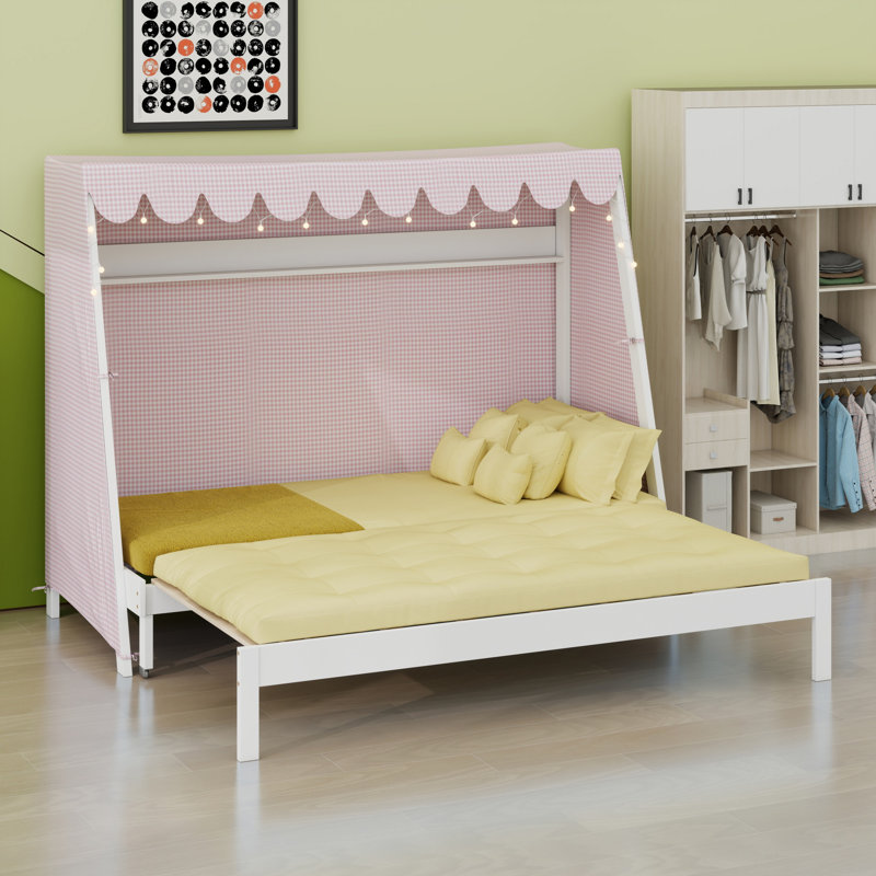Lit maison avec lit gigogne, tablette de rangement, tente et lumière, White