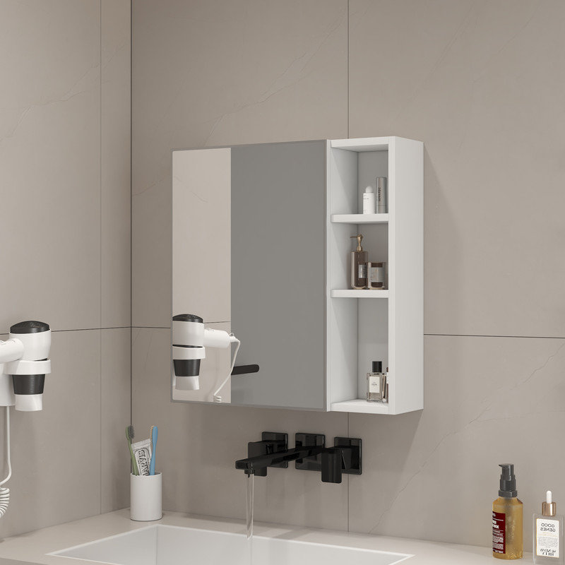 Multi-Function Wood Grain Mirror Cabinet with Storage, Space-Saving Wall-Mounted Design, White