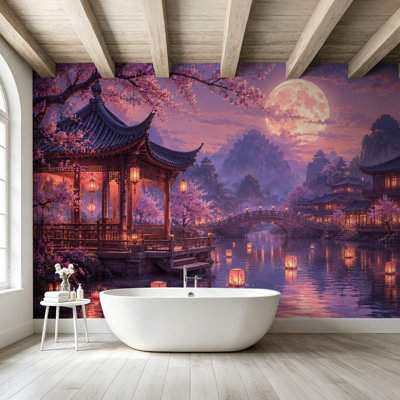 Peler et coller le papier peint, lanterne asiatique traditionnelle Pavillon de cerisiers en fleurs sous un art mural, autocollant et amovible
