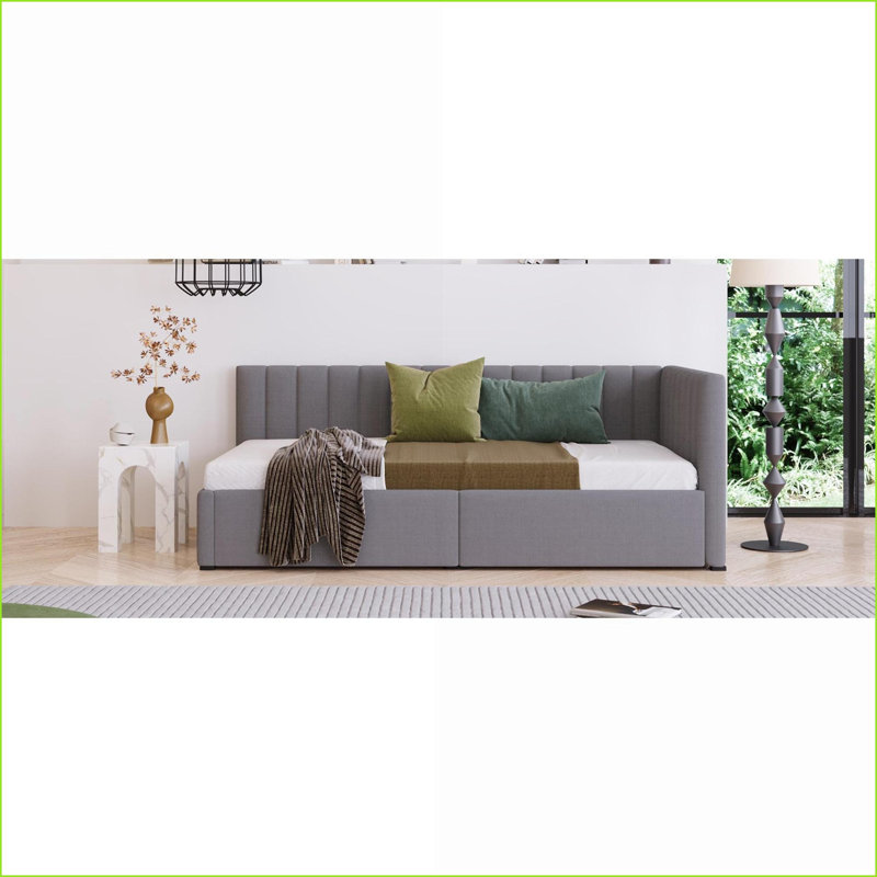 Structure de lit de jour simple rembourrée en lin avec rangement - aucun sommier nécessaire, gris pour chambre d'amis / deuxième chambre
