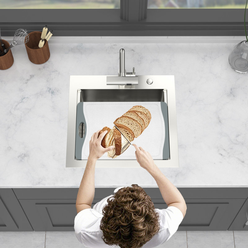 Évier de cuisine encastré de 21 pouces avec robinet escamotable et couvercle d'évier - Évier de préparation de bar à comptoir simple en acier inoxydable de calibre 16 pour station de travail | Idée de cadeau
