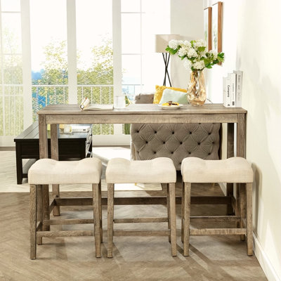 4 Piece Bar Table Set With Power Outlet,Bar Table Set With Chairs,Sofa Bar Table With Stools,Behind Couch Table With 3 Padded Stools,For Living Room,Dining Room