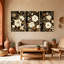 Scénario et paysages urbains sur fond noir, fleurs blanches, feuilles d'or, ensemble de 3 impressions sur toile-24570498