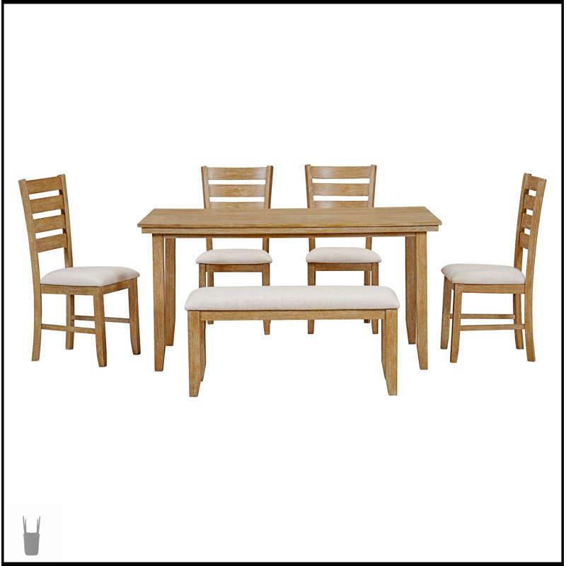 Ensemble de salle à manger rustique en bois avec table, chaises et banc pour des réunions de famille et des repas confortables, durables et élégants