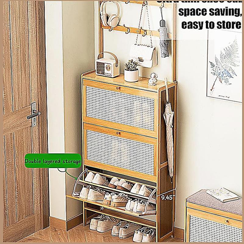 Shoe Cabinet with 3 Rattan Flip Drawers, Bamboo Shoe Storage Cabinet with Coat Hooks, Freestanding Shoe Cabinet