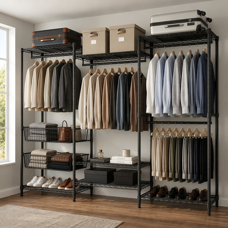 Heavy Duty Clothes Rack, Freestanding Garment Rack with 4 Hanging Rods & 2 Wire Baskets, Large Size Clothing Rack with Adjustable Wire Shelves
