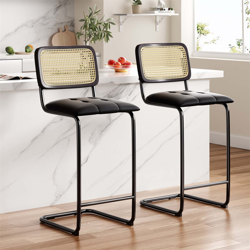 Counter Height Bar Stools Set of 2, Upholstered PU Leather with Rattan Back, Comfortable and Durable for Kitchen Island