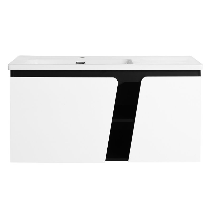 Meuble-lavabo de salle de bain avec lavabo en céramique et porte à fermeture en douceur. . Look contemporain. Intérieur spacieux. Contreplaqué. Lavabo blanc et noir de 40 po. Porte de salle de bain. Design moderne. Rangement. Contreplaqué
