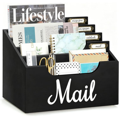Organiseur de courrier rustique en bois à poser sur un comptoir, porte-courrier noir pour bureau, trieur de courrier avec séparateurs amovibles, organisateur de lettres et factures pour la maison, le bureau ou la salle de classe, organisateur de bureau avec étiquettes gratuites
